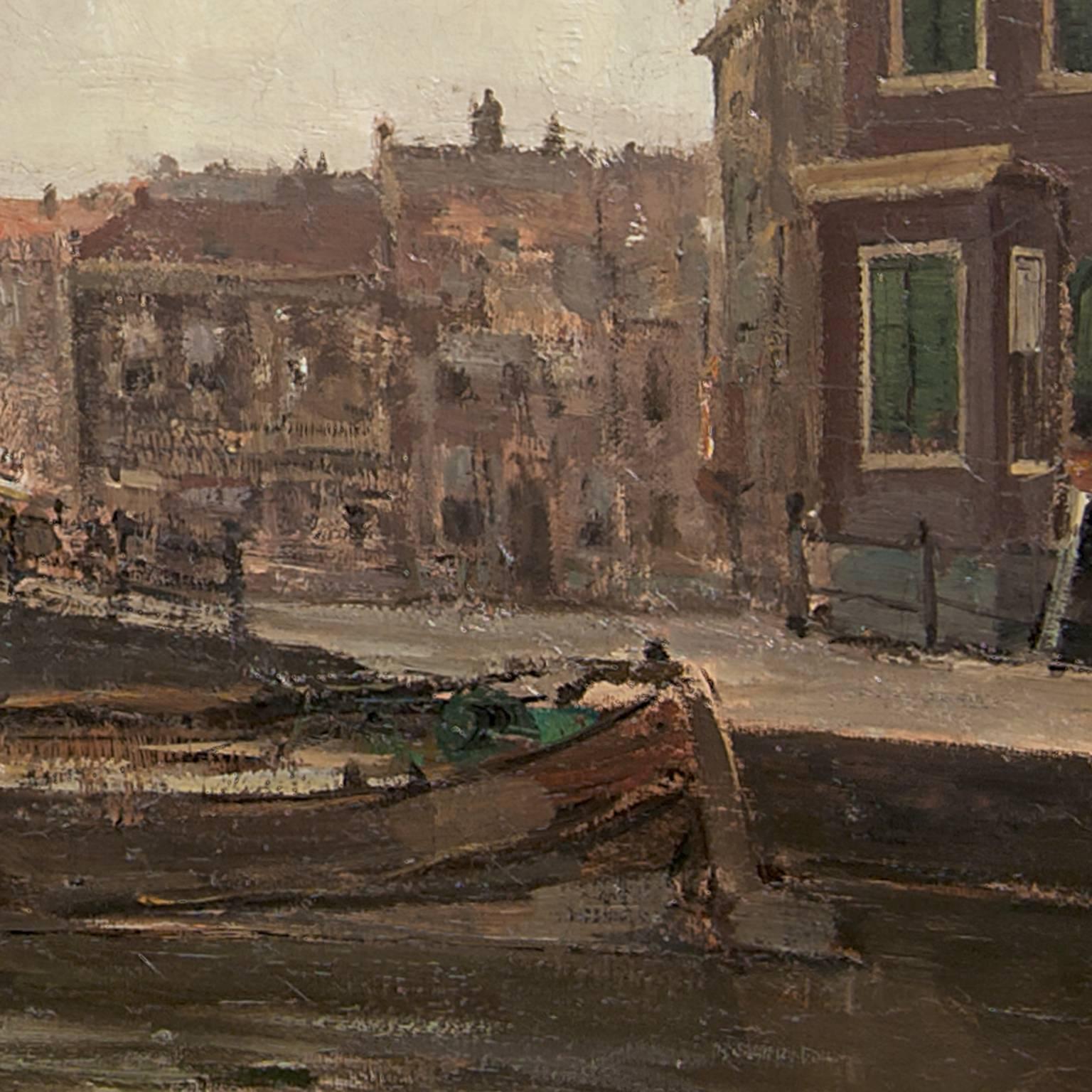 A view of the Wagenbrug and the Wagenstraat in The Hague - Brown Landscape Painting by Kees van Waning