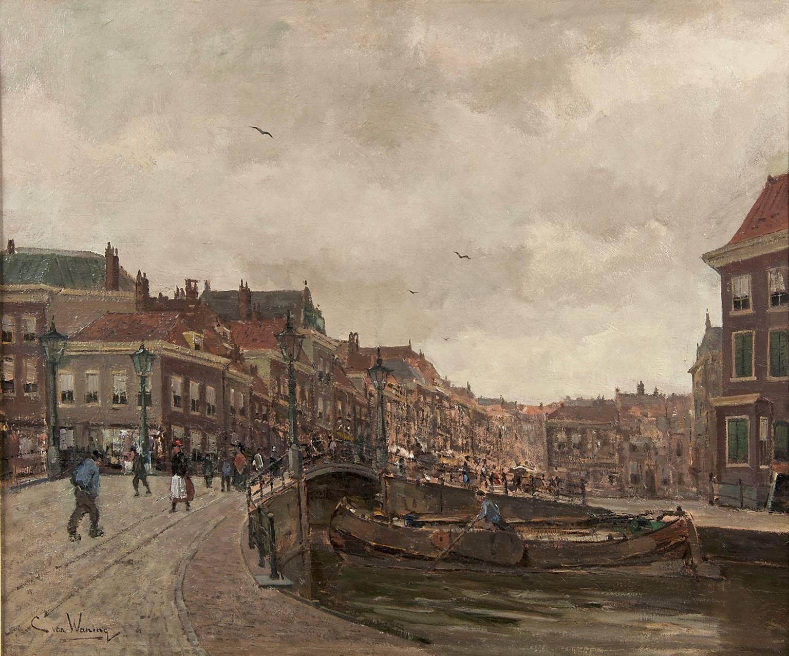 A view of the Wagenbrug and the Wagenstraat in The Hague - Painting by Kees van Waning