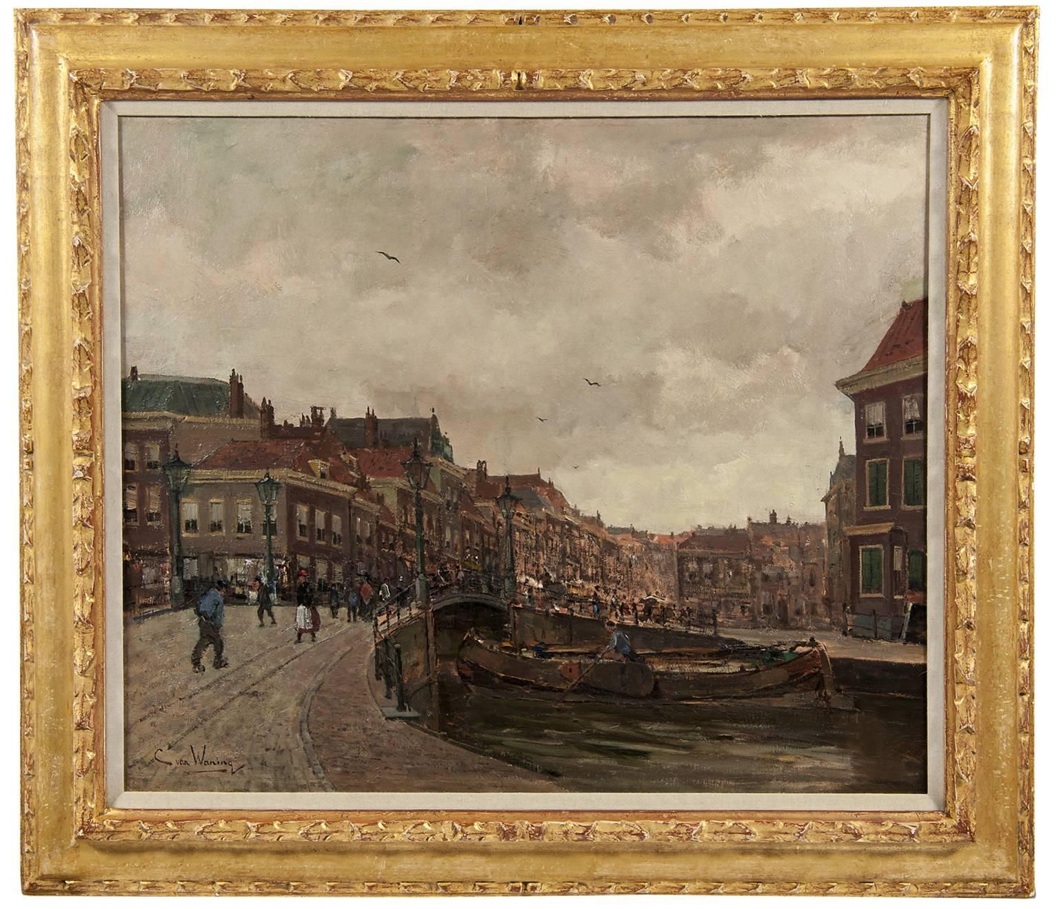 Kees van Waning Landscape Painting - A view of the Wagenbrug and the Wagenstraat in The Hague