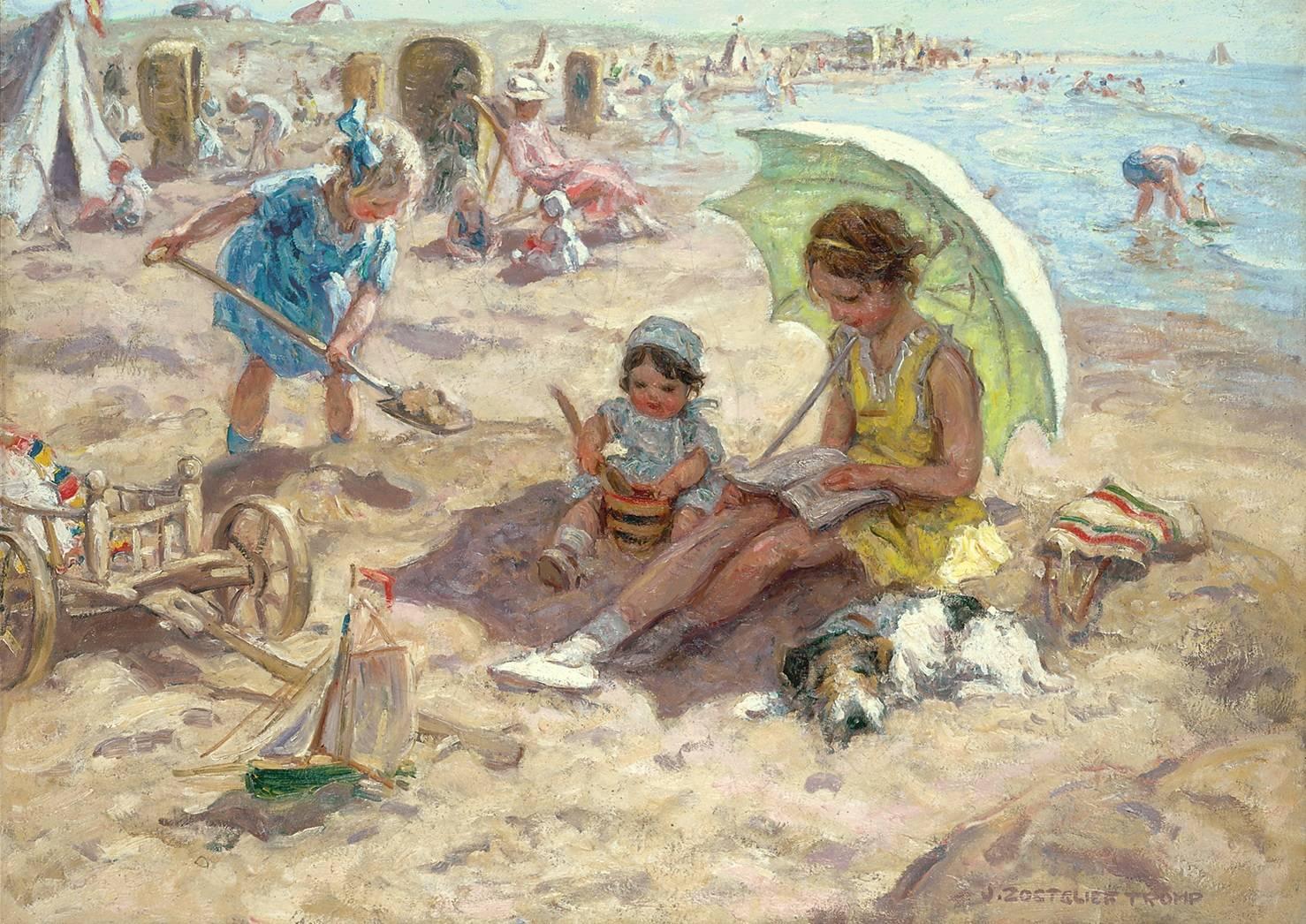 Children playing on the beach of Katwijk - Painting by Jan Zoetelief Tromp