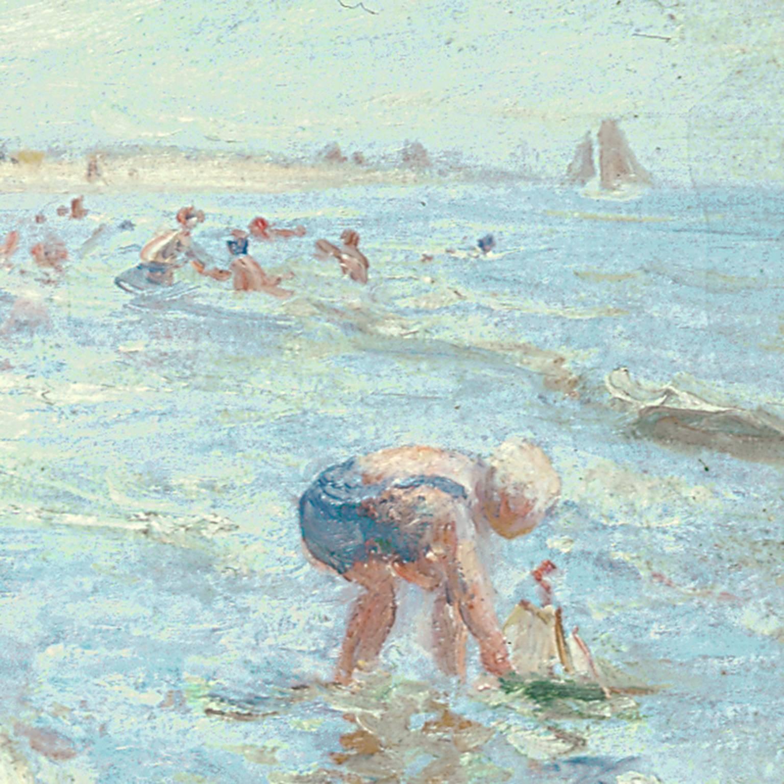 Children playing on the beach of Katwijk - Brown Figurative Painting by Jan Zoetelief Tromp