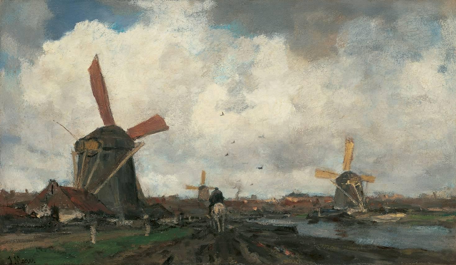 Jacob Hendricus Maris Landscape Painting - Windmills along a canal