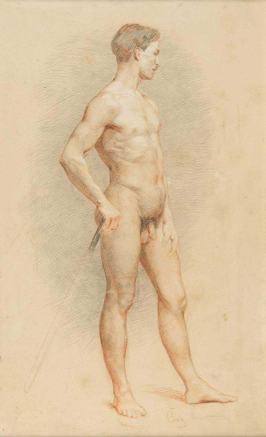 Elisabeth Concordia Crola Nude - Academic study of nude man with a cane