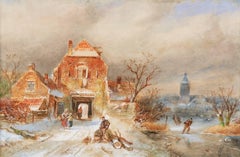 A town in winter with skaters