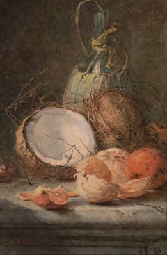Still life with a wine bottle, coconuts and oranges