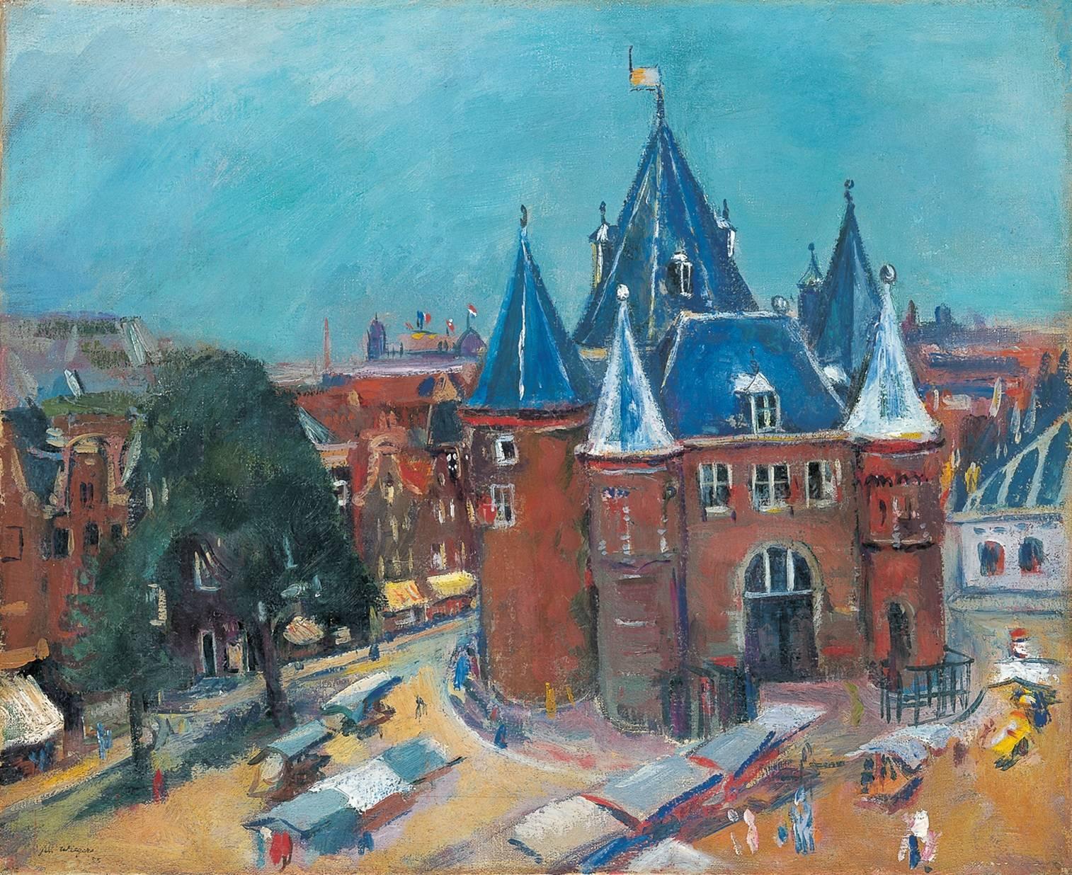 Jan Wiegers Landscape Painting - The Nieuwmarkt in Amsterdam, with the Waag