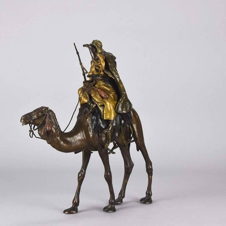 Vienna Bronze of an Arab Warrior on Camel by Bergman - Gold Figurative Sculpture by Franz Bergmann