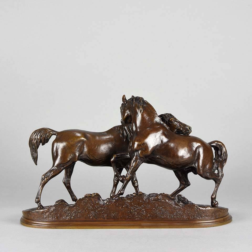 A wonderful mid 19th Century Animalier bronze cast from the artist’s own workshop, this is a rare bronze study of an Arab Stallion and Mare. Originally entitled “Tachiani et Nedjibe, Arab horses” the composition captures the individual