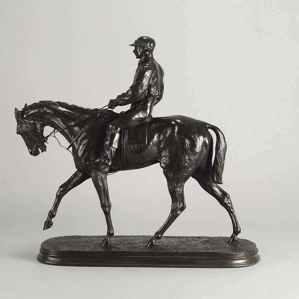 An excellent Animalier bronze study of ‘Florentin’ the winner of the French Derby of 1866 with his jockey up. The bronze with a wonderful rich brown lightly rubbed to golden brown patina, the hand chased detail and finely modelled tack adding to the