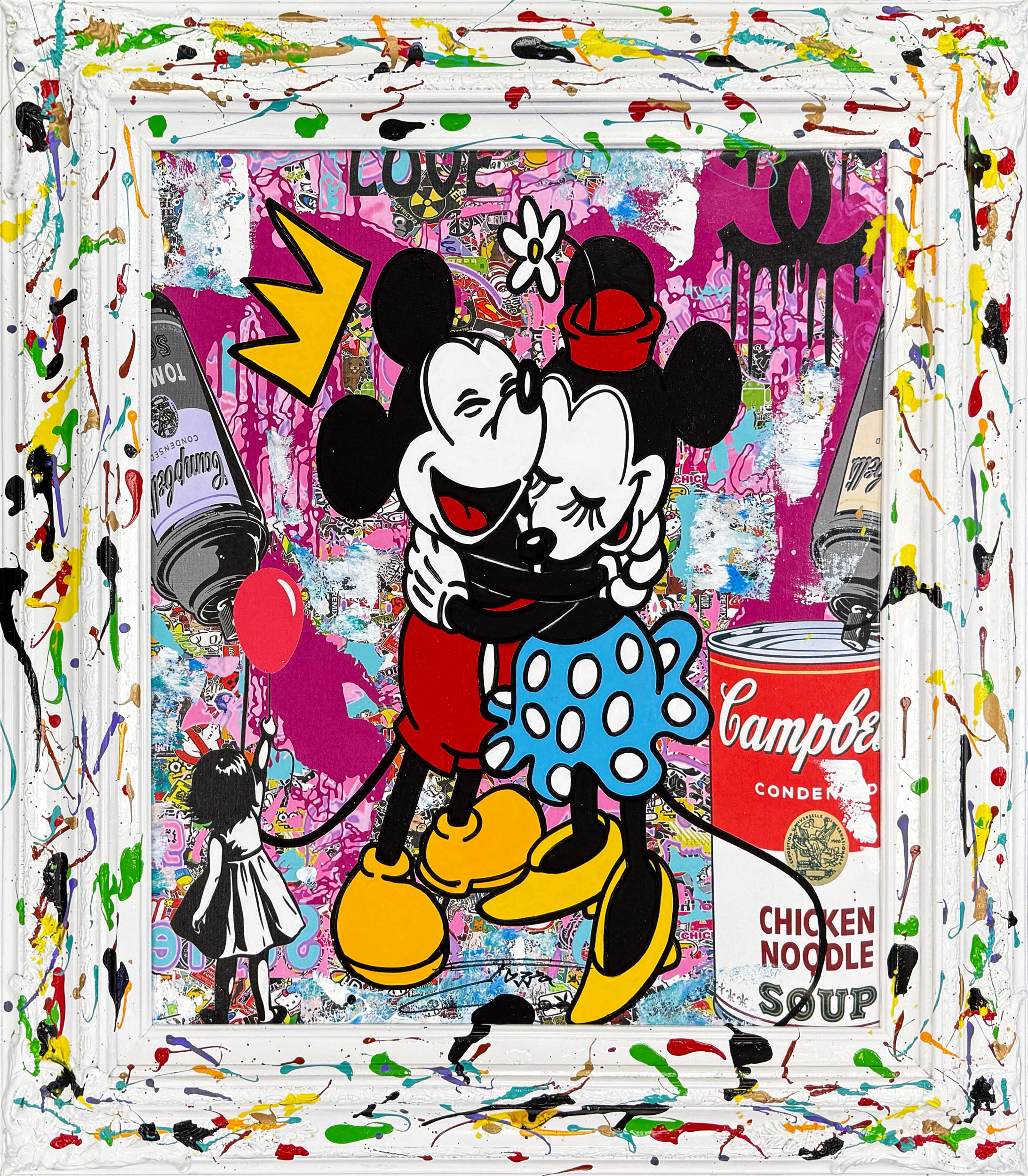 Portrait Painting di Jozza - Hold Me Tight, opera unica in tecnica mista su tela con cornice dipinta, Topolino e Minnie