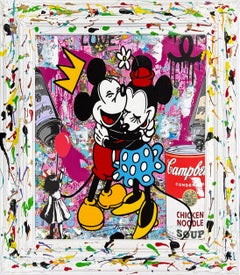 Hold Me Tight, opera unica in tecnica mista su tela con cornice dipinta, Topolino e Minnie