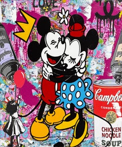 Hold Me Tight, opera unica in tecnica mista su tela con cornice dipinta, Topolino e Minnie