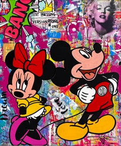 Il mio unico e irripetibile, opera in tecnica mista su tela con cornice dipinta, Topolino e Minnie