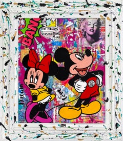 Il mio unico e irripetibile, opera in tecnica mista su tela con cornice dipinta, Topolino e Minnie