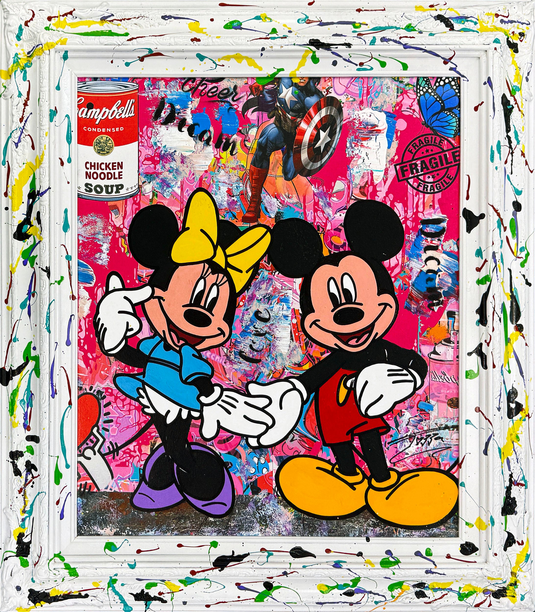 Jozza Figurative Painting - Unconditional Love, Unique Mixed Media Canvas with Painted Frame, Mickey Minnie