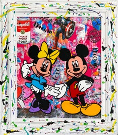 Amore incondizionato, tela unica in tecnica mista con cornice dipinta, Topolino e Minnie