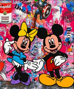 Amore incondizionato, tela unica in tecnica mista con cornice dipinta, Topolino e Minnie
