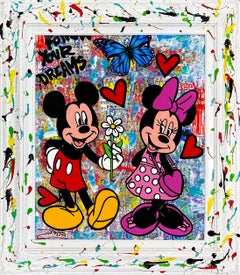 Il mio regalo per te, opera unica in tecnica mista su tela con cornice dipinta, Topolino e Minnie