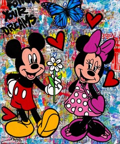 Il mio regalo per te, opera unica in tecnica mista su tela con cornice dipinta, Topolino e Minnie
