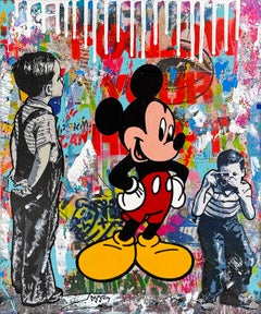 Spotlight Mickey, opera unica in tecnica mista su tela con cornice dipinta, 31 x 27 in.