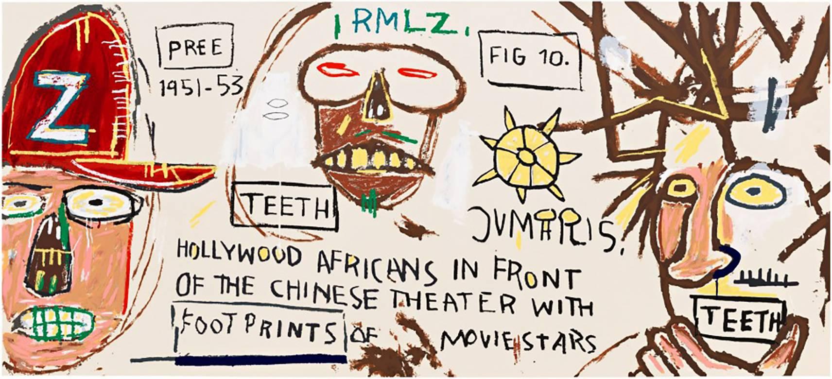 after Jean-Michel Basquiat Figurative Print - HOLLYWOOD AFRICANS IN FRONT OF THE CHINESE THEATER WITH FOOTPRINTS OF MOVIE STAR