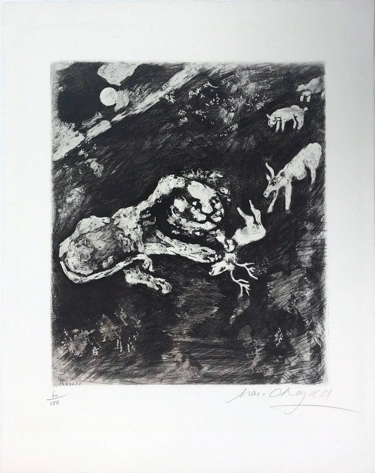 Marc Chagall Animal Print – DIE FÄRSE, DIE ZIEGE UND DAS SCHAF IN BEGLEITUNG DES LÖWEN