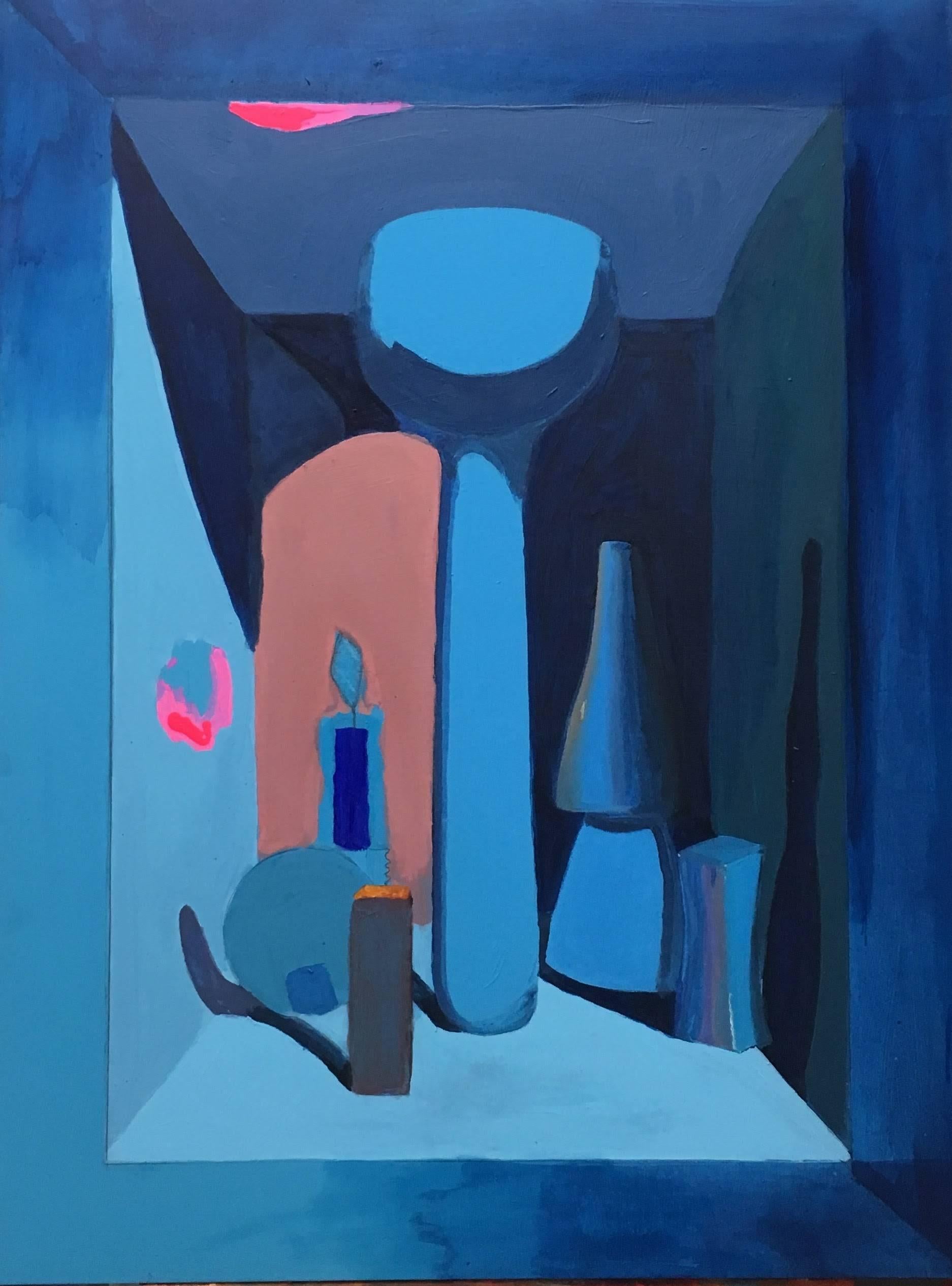 Contemporary still life painting by American painter Meg Franklin. 

&quot;Blue Still Life with Pink,&quot; 2016
Oil and acrylic on panel.
40 x 30 in.

Meg Franklin is a Brooklyn-based painter originally from rural Northeast Georgia. She paints