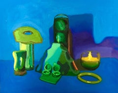 "Blue and Green Still Life, " 2015 Contemporary Oil Painting by Meg Franklin