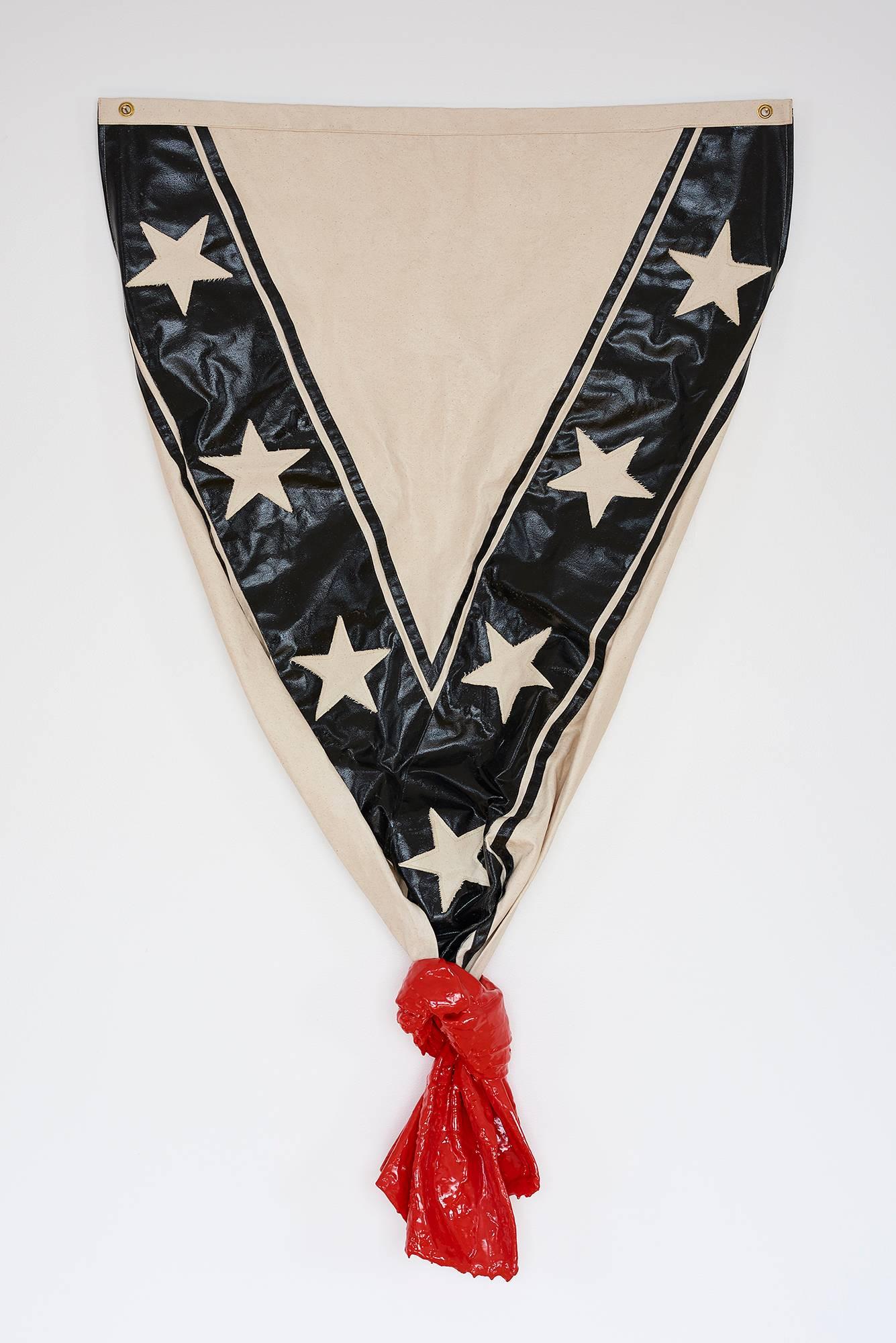 Hand-sewn flag in black and white canvas, knotted, dipped in resin and painted.

Whistling Dixie, 2017
Canvas, polyester resin, acrylic paint, pigment.
Edition of five plus one AP. Signed on verso.
60 x 35 in.

Together with certificate of