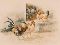 Nineteenth Century Watercolor, Chickens, c. 1885