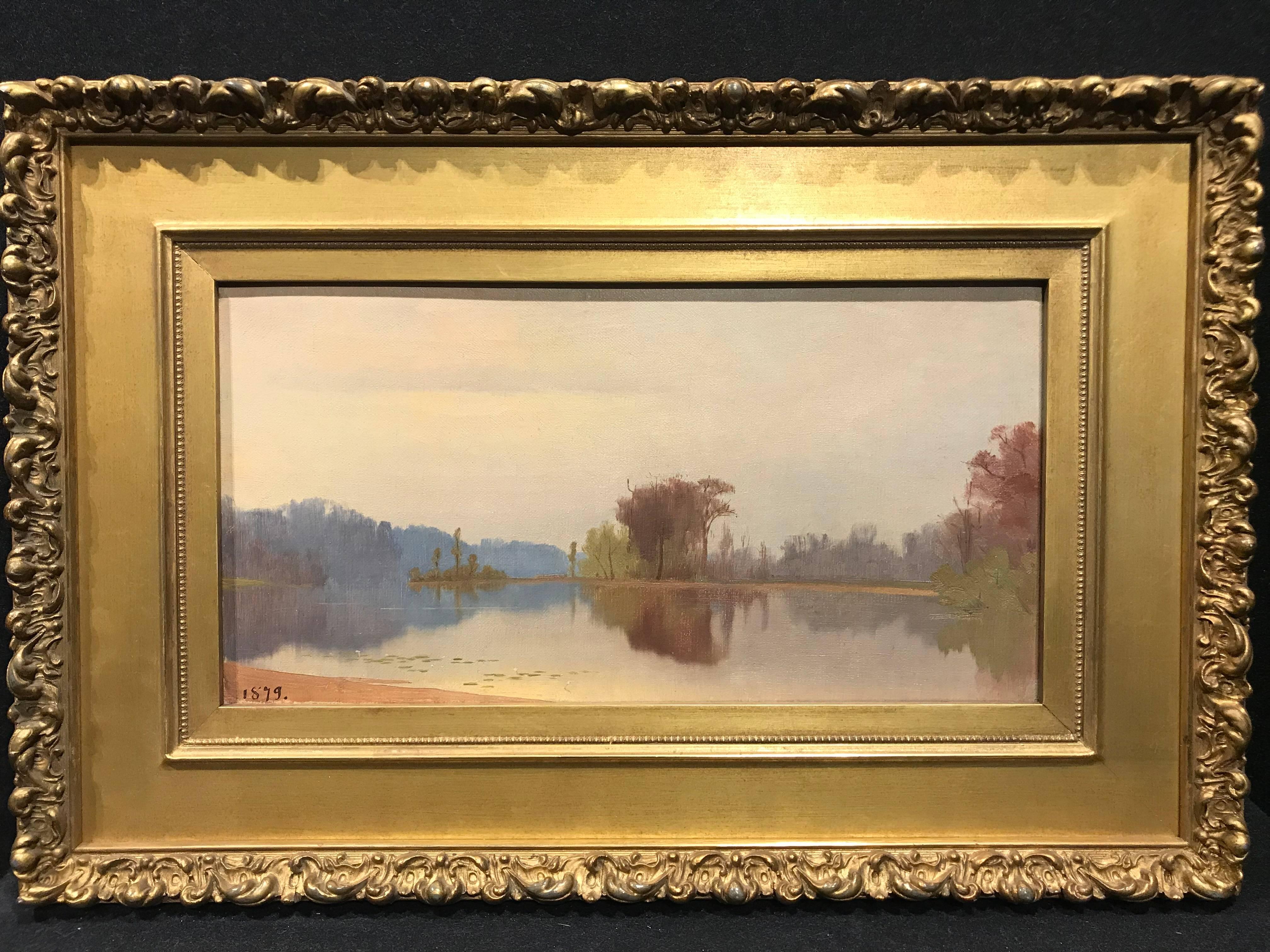 This is a rare early example of John Severinus Conway’s work in oil on canvas. It is a premier coup sketch, done on-site, which fully manifests his subtle use of color and brushwork to elicit his experience of the Lake on a calm summer afternoon.
