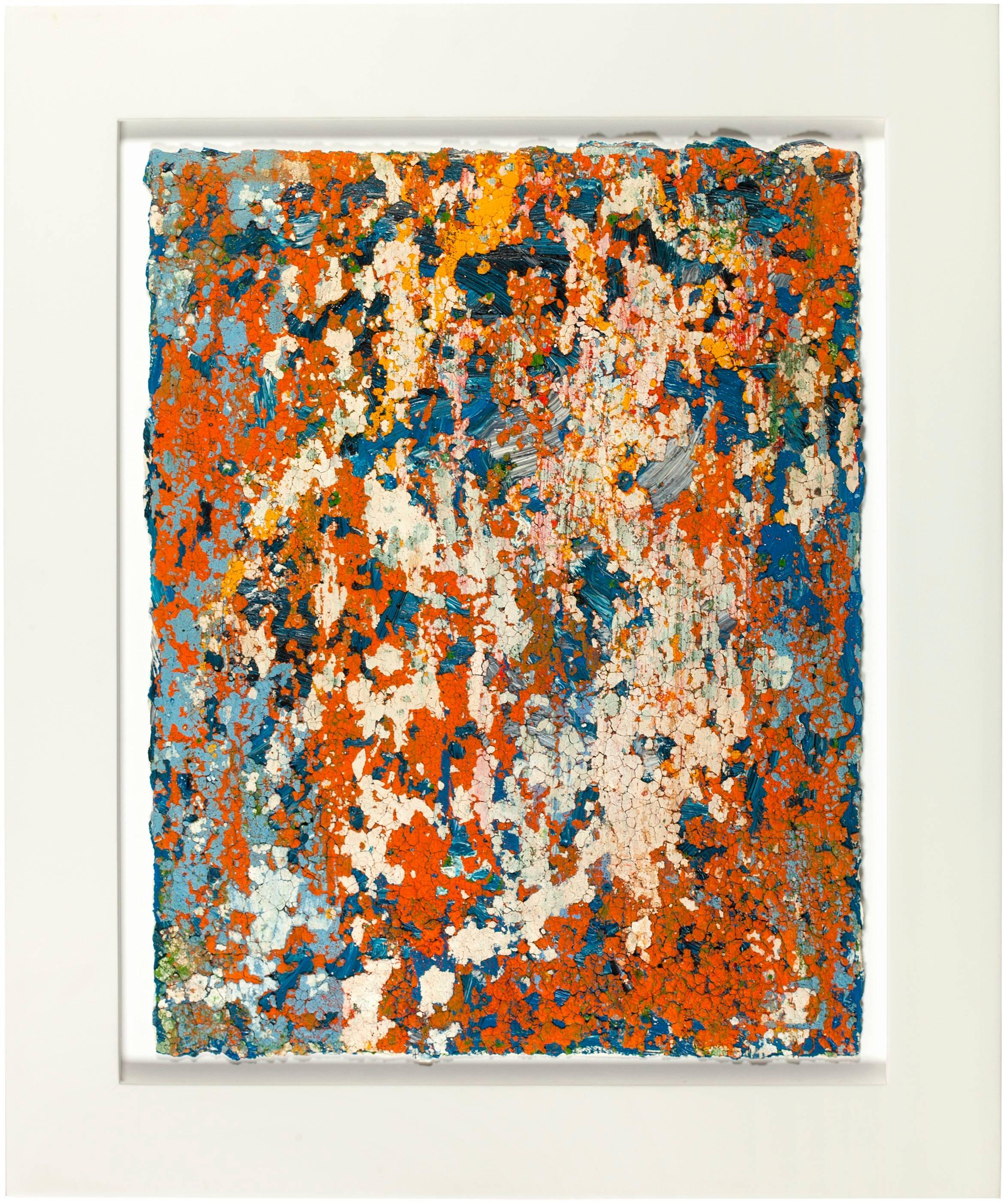 This purely abstract painting from 2005 by Rainer Gross is composed of layers of press orange, white, blue pigments, among a variety of other colors. In 1973, Rainer Gross left his studies in Fine Art at the Cologne Werkkunstschule to come to New