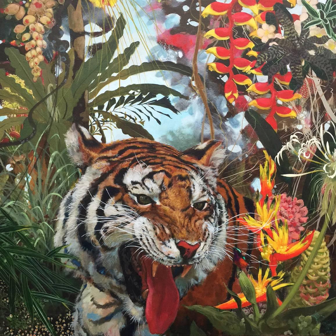 Keng Wai Lee Animal Painting - Sandokan - contemporary vibrant colorful tiger flora jungle acrylic painting
