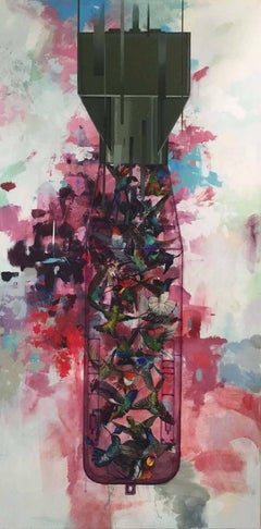 Rain of Ruin (Fauna) - peinture à l'acrylique contemporaine d'oiseaux colorés conceptuels