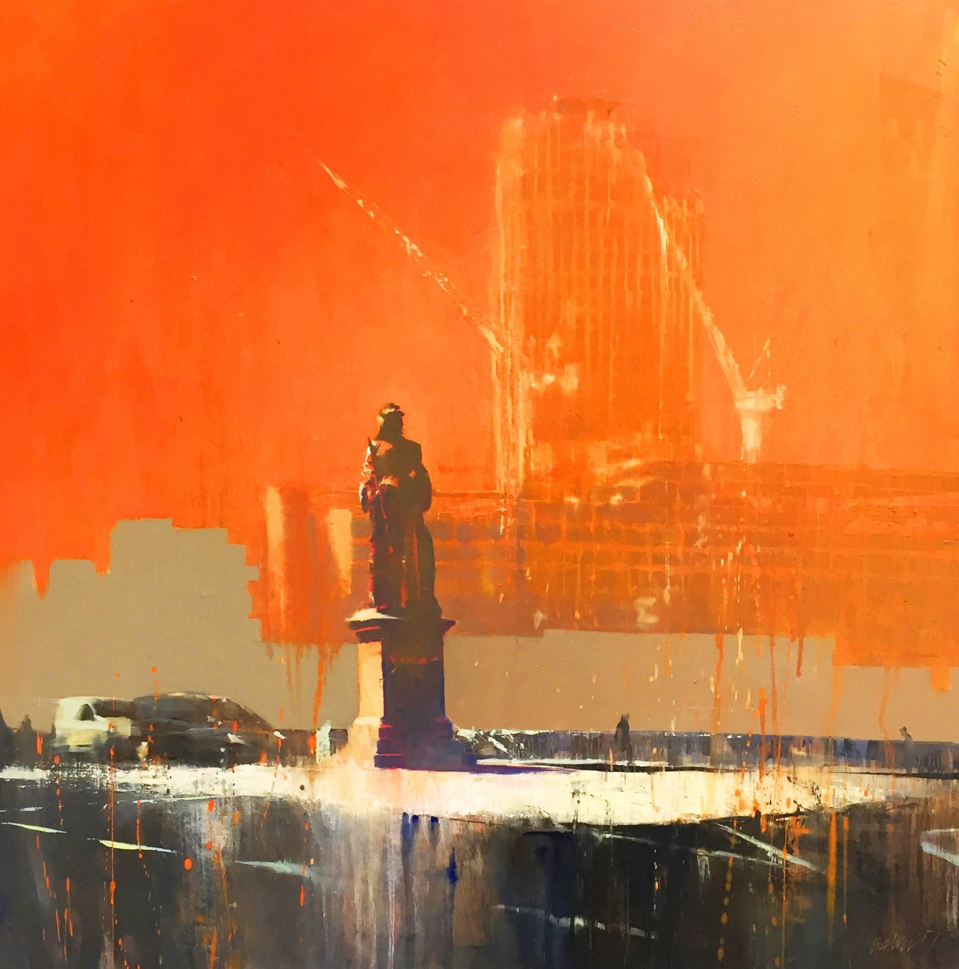 David Walker Landscape Painting - Blackfriars -contemporary orange cityscape architecture painting oil on canvas