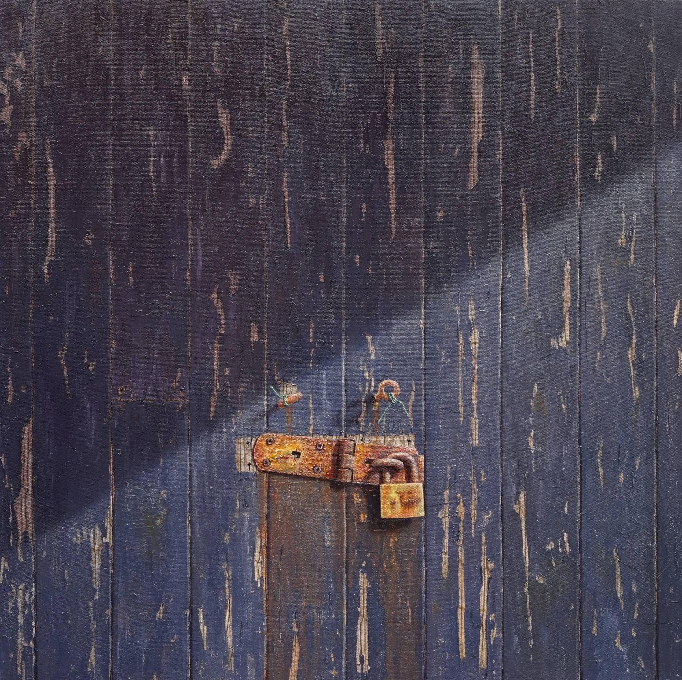 Quayside - minimalist wabi-sabi realistic locked door dark purple oil painting - Painting by Mike Ellis