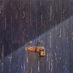 Quayside - minimalist wabi-sabi realistic locked door dark purple oil painting