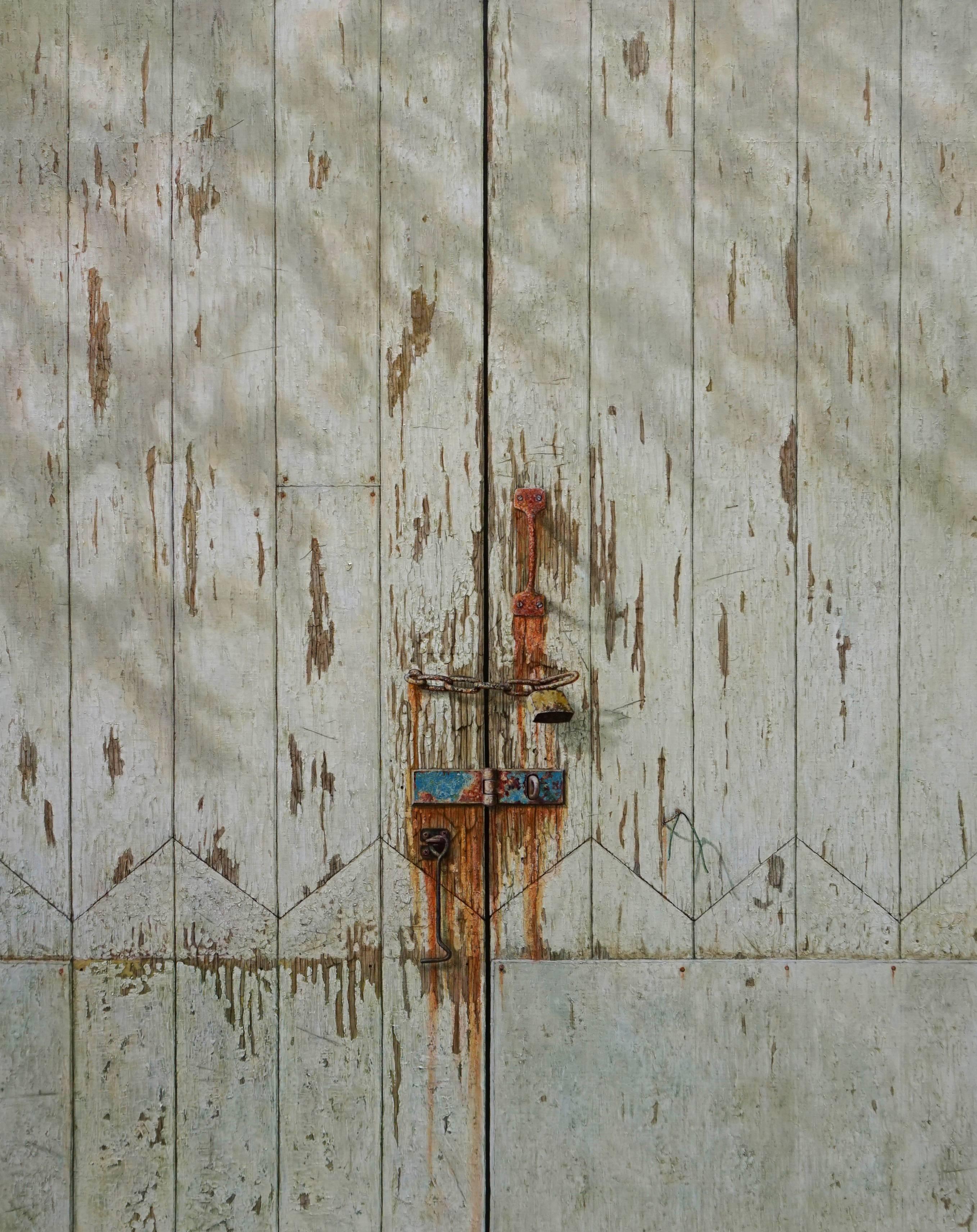 Mike Ellis Still-Life Painting - Number 79 -contemporary hyper-realistic locked door oil painting unframed canvas