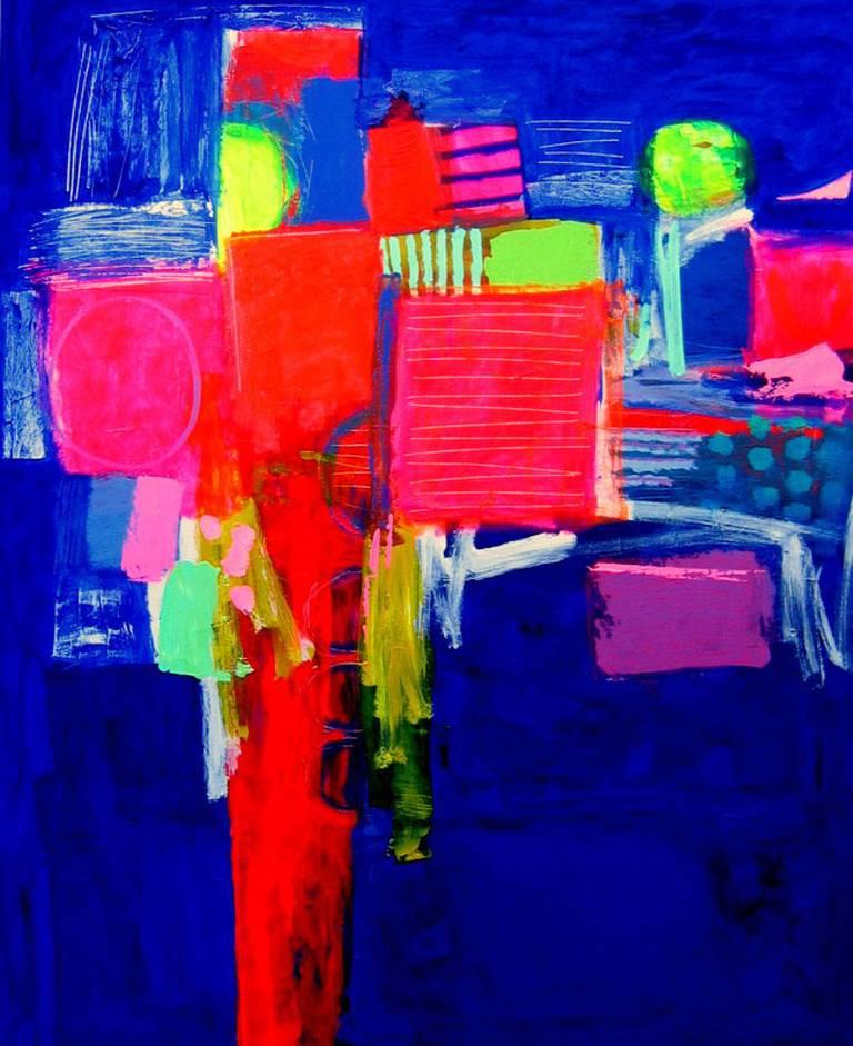 Overture - pittura acrilica contemporanea geometrica astratta verticale e colorata - Painting di Brian Bartlett