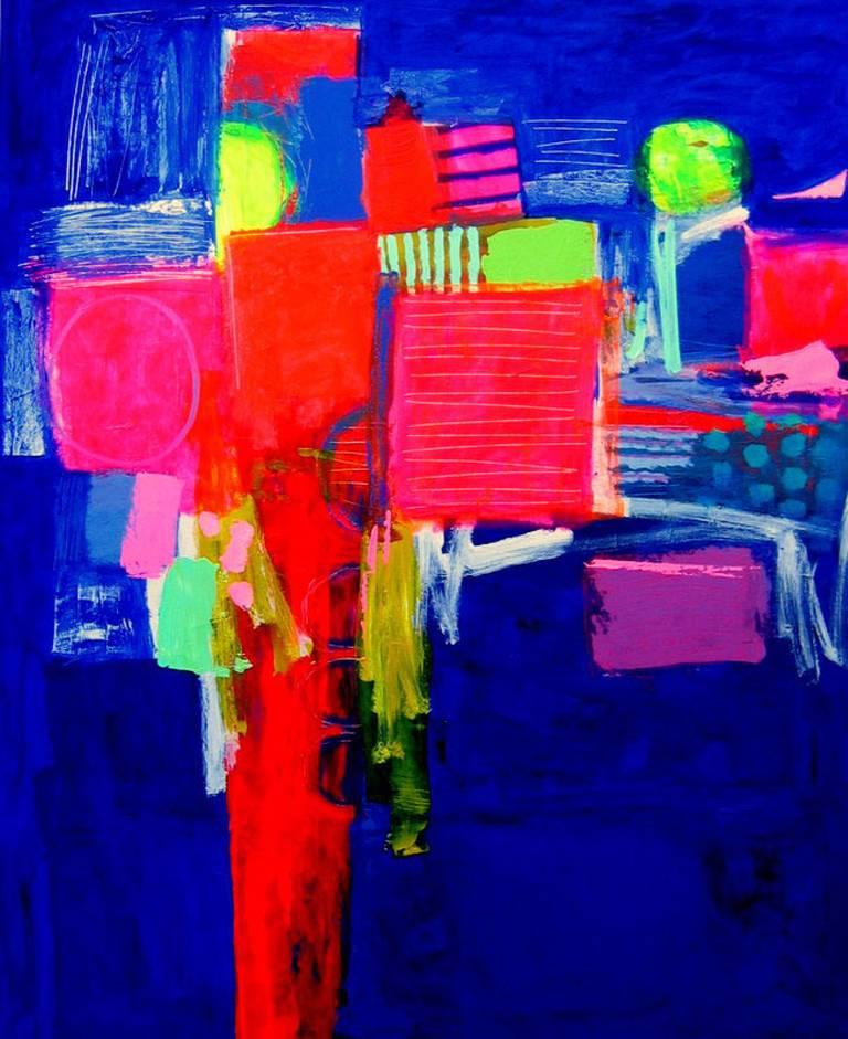 Overture - contemporary colorful geometric abstract vertical acrylic painting - Painting by Brian Bartlett