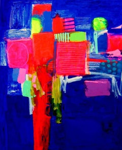 Obertura - pintura acrílica abstracta vertical geométrica contemporánea de colores