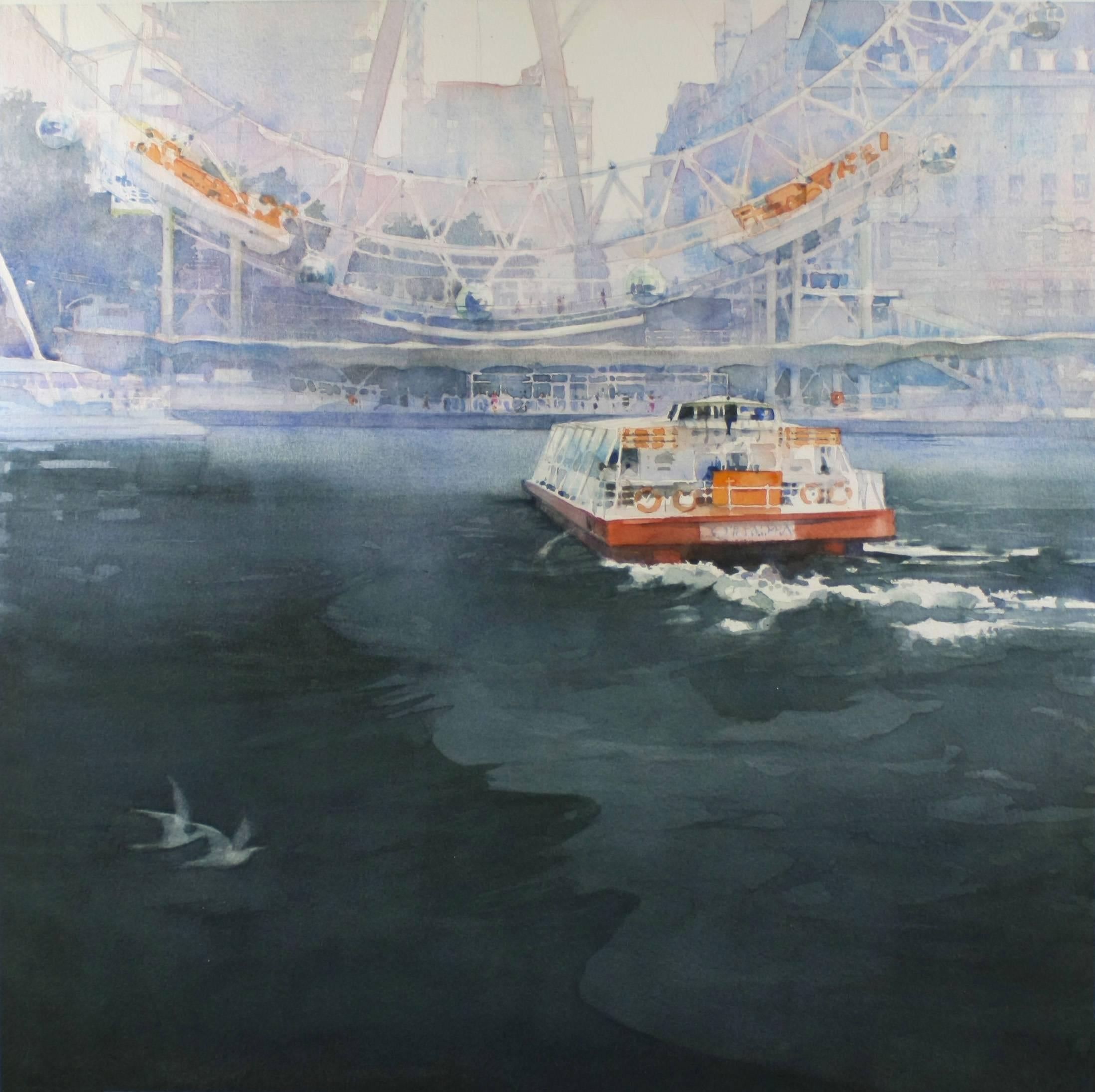 David Walker Landscape Art - Landing -illustrative cityscape ferry watercolor on paper 