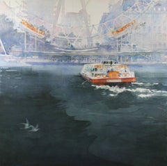 Landing -illustrative cityscape ferry watercolor on paper 