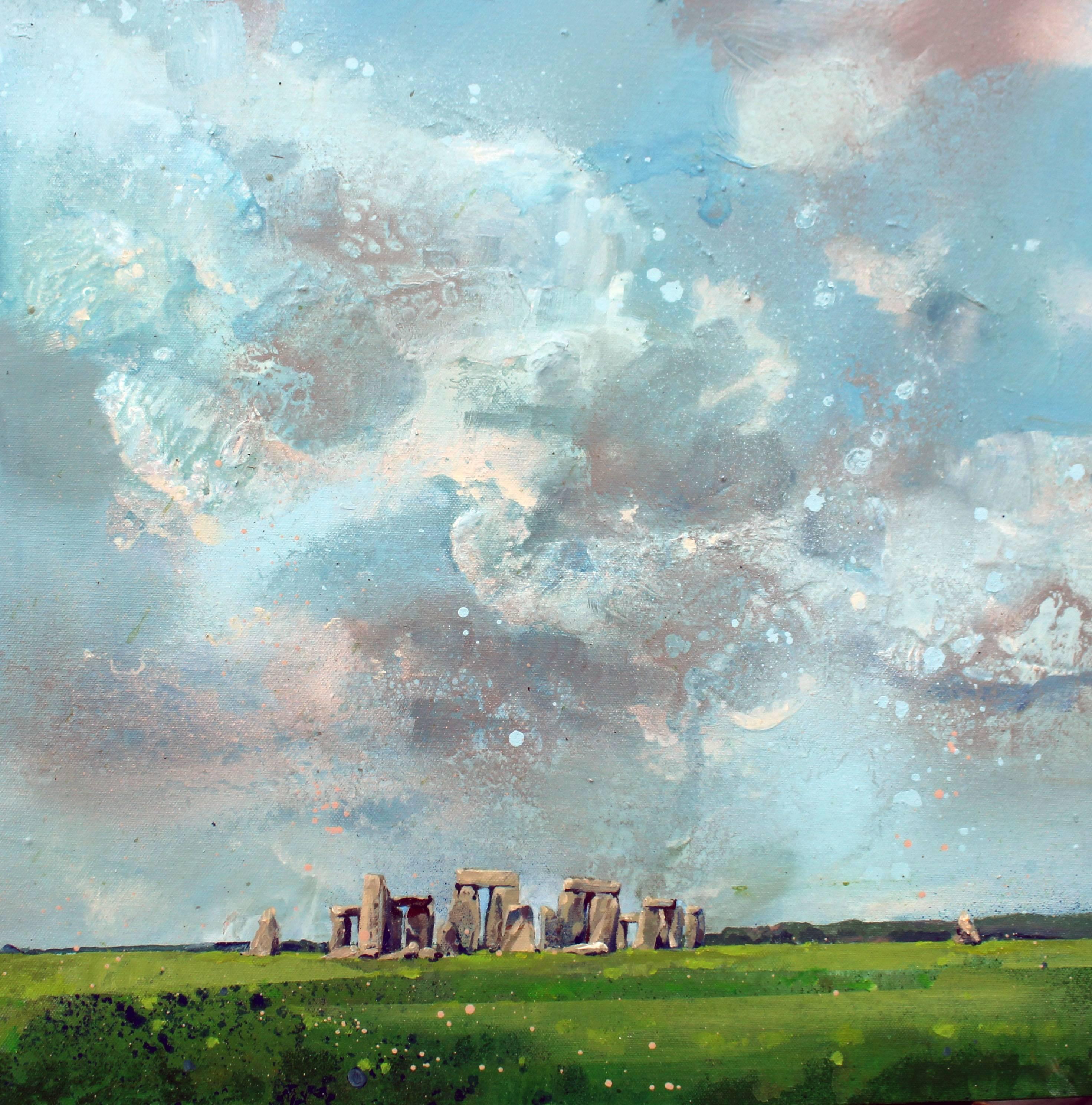 Lorna Holdcroft-Kirin Landscape Painting - Stonehenge -contemporary green and blue landscape painting oil on canvas 
