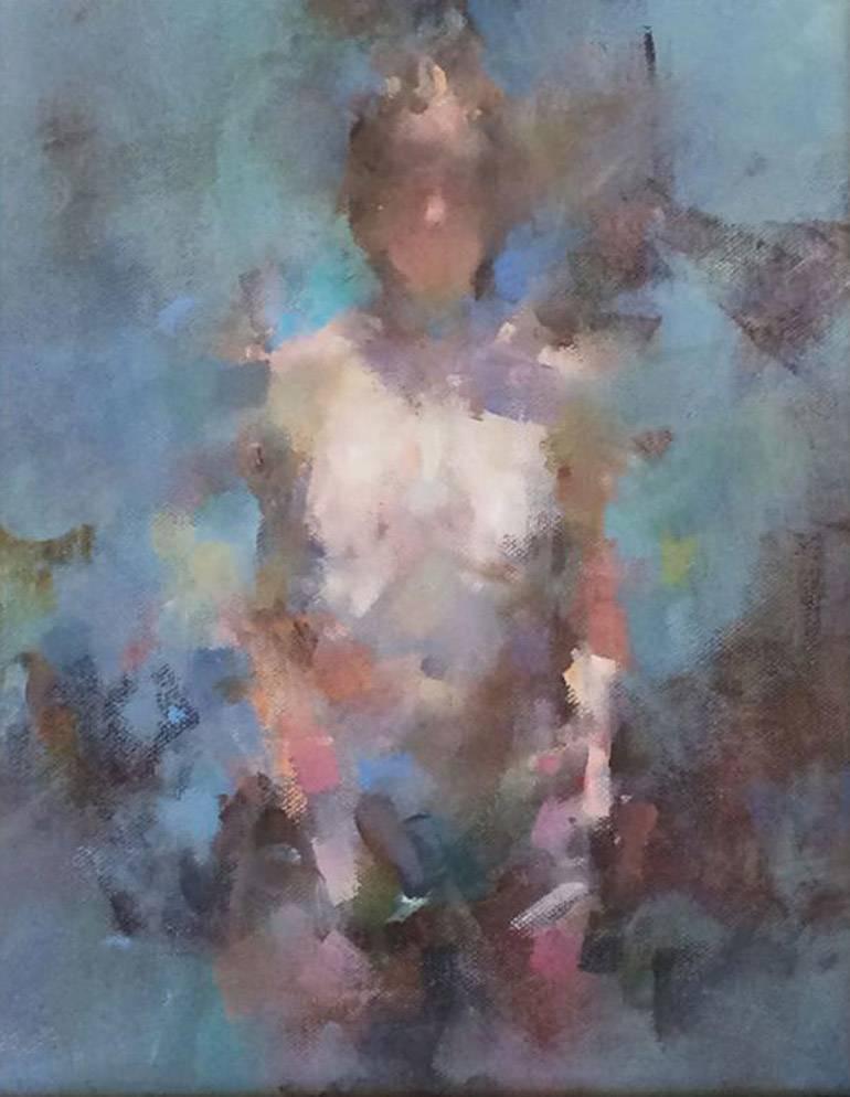Luis Morris ROI Figurative Painting - Musing -contemporary blue and pink figurative oil on canvas