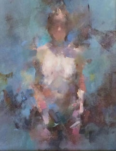 Musing -contemporary blue and pink figurative oil on canvas