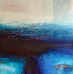 Nocturno - pintura abstracta azul y blanca cera y óleo sobre lienzo