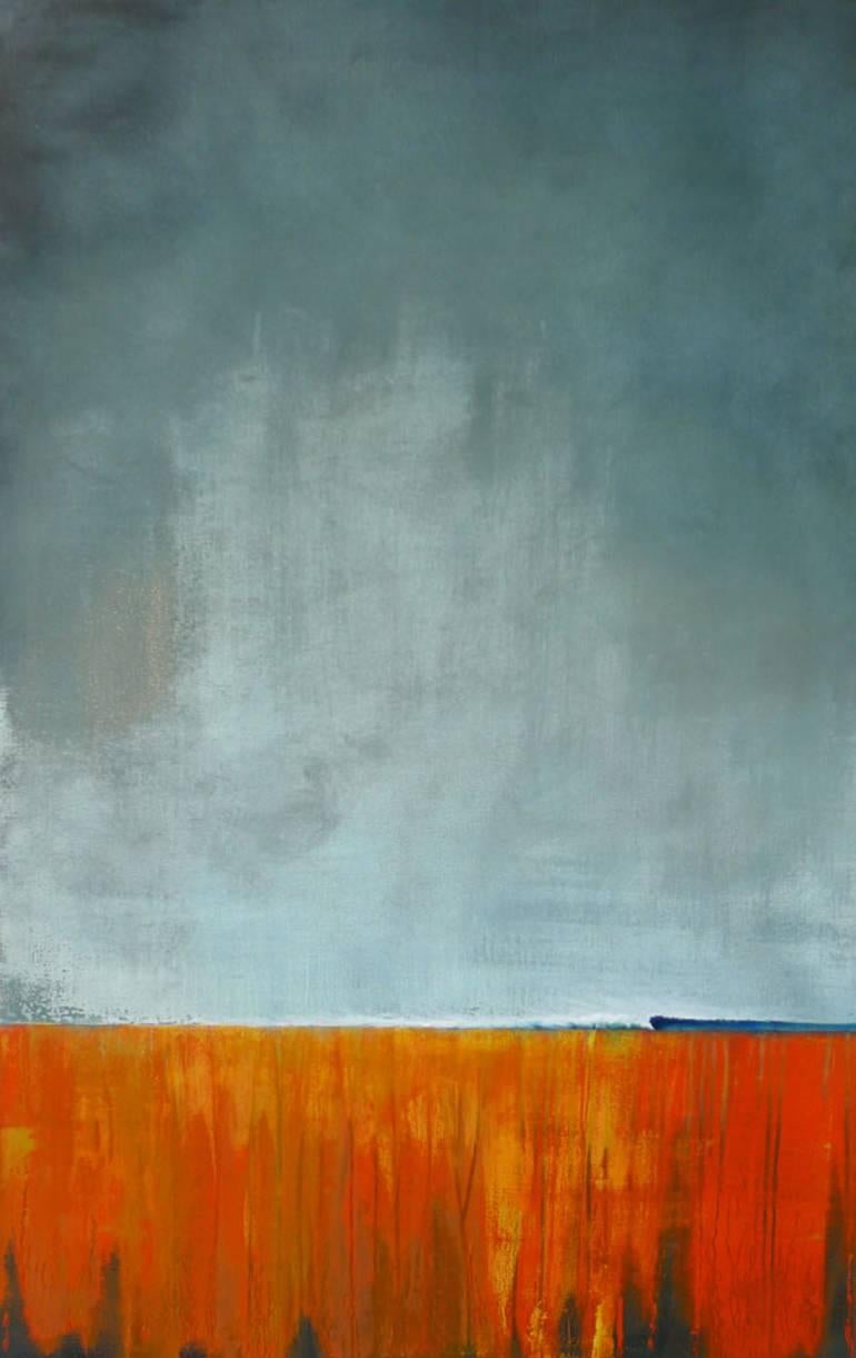 Simon Ledson Abstract Painting - Light from Darkness - contemporary abstract bright orange seascape wave oil 