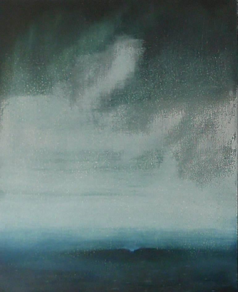 Haunting Shapes - toile à l'huile contemporaine abstraite de paysage marin bleu et gris de surf