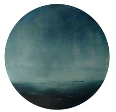 Drift Out - contemporary abstract dark blue circle stormy seascape oil 